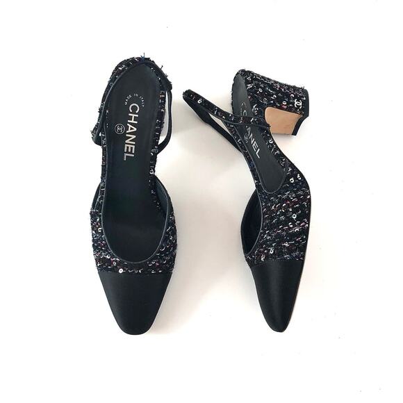 Chanel Black and Sequin Tweed Cap Toe CC Logo Slingback Pumps 40.5 - Picture 1 of 9